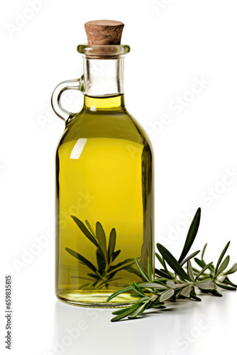 Bottle of handmade olive oil with tarragon on a white background
