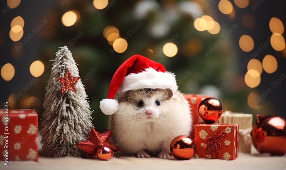 A cute little hamster in a Santa claus hat is running among Christmas presents. Cute and funny pets at Christmas. generative Ai A cute little hamster in a Santa claus hat is running among Christmas presents. Cute and funny pets at Christmas. generative Ai