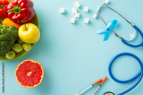 Fototapeta Naklejka Na Ścianę i Meble -  Managing diabetes with a balanced diet. Top view shot of a blue ribbon, insulin syringes, stethoscope, sugar cubes and a plate of healthy fruits and veggies on a pastel blue backdrop with ad space