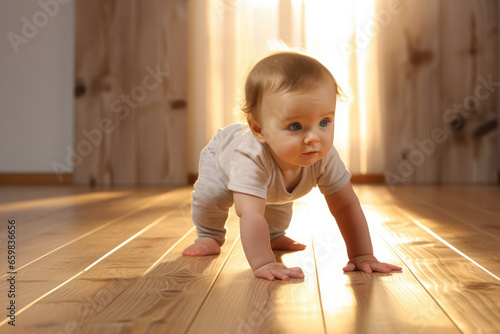 The baby is learning to crawl on the floor