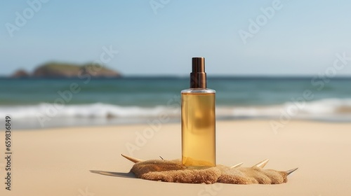 Liquid cosmetic product in light purple glass bottle with dropper on golden sand and palm leaf shadow. Copy ad space