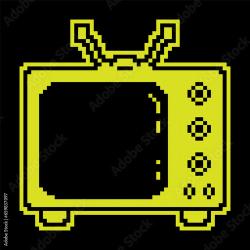 Pixel silhouette icon. Old wooden TV with antenna. Vintage TV. World Television Day 21 November. Simple black and yellow vector isolated