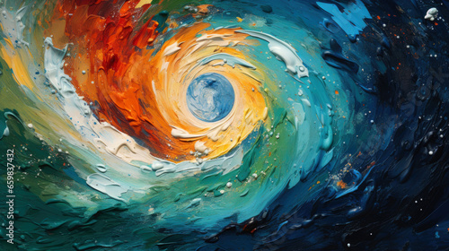 Dynamic Earth: Abstract Oil Painting of Atmospheric Swirls and Oceanic Harmony in Blue Tones photo