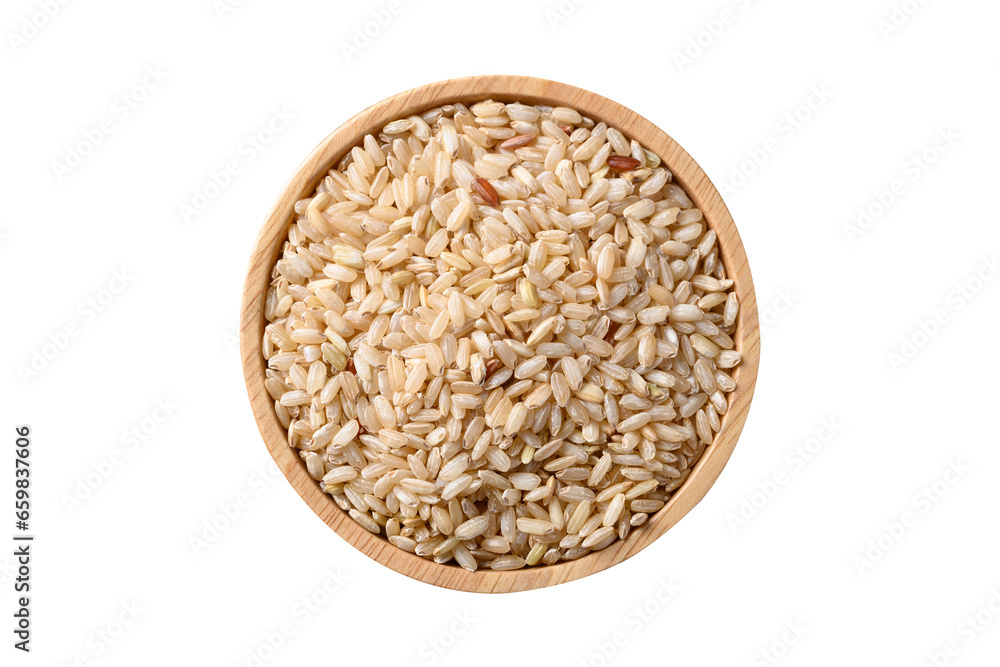 Organic Thai brown rice grain in wooden bowl	