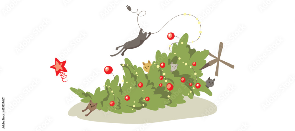 Cute playful cats knocked over the Christmas tree. Funny vector illustration, poster or christmas csrd.