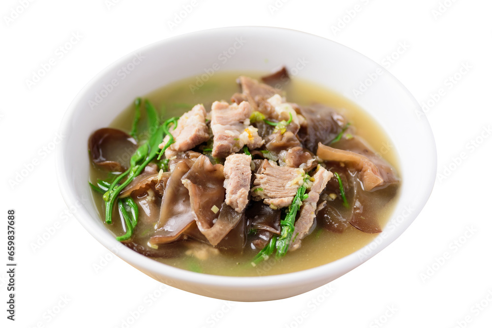 Spicy brown jelly mushroom soup with pork, Local Thai food