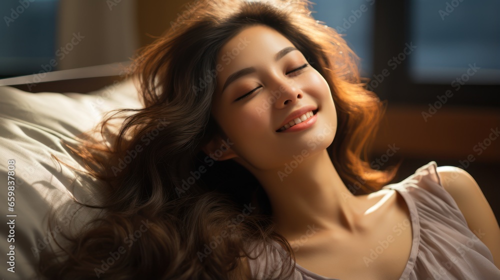Naklejka premium Young asian woman sleeping well in bed. generative ai