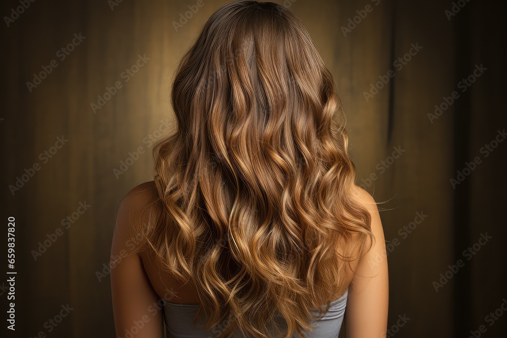 Fototapeta premium Young woman with long wavy hair on black background. Back view, A woman with Balayage highlights hair