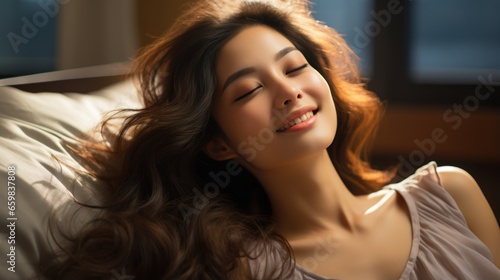 Young asian woman sleeping well in bed. generative ai