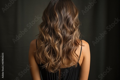 Young woman with long wavy hair on black background. Back view, A woman with Balayage highlights hair