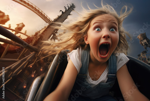 a young girl is going at a roller coaster, feel surprised and excited