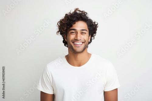 Smiley face of young indian man on white background.