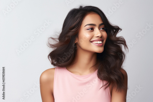 Beautiful indian woman giving happy expression on white background