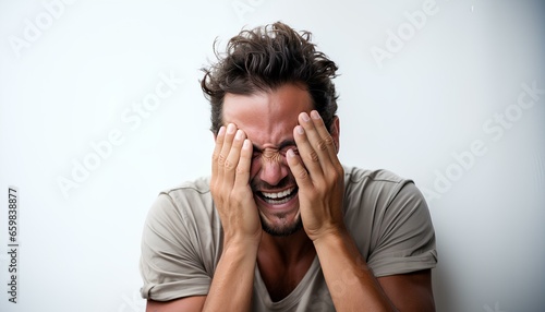 Man crying on white background. Man covering his eyes. Man smiling on white background. Man being distressed isolated on white background. 