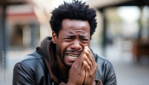 African man crying in public space photo