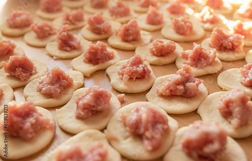 Dumplings that have not yet been molded are laid out on the table: minced meat on the dough. Close up