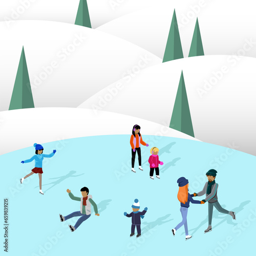 Ice skating rink. Skaters enjoy winter holiday season. People skating with their friends and families and having fun. Adults and children happy ice skate on street. Characters ride ice-skating