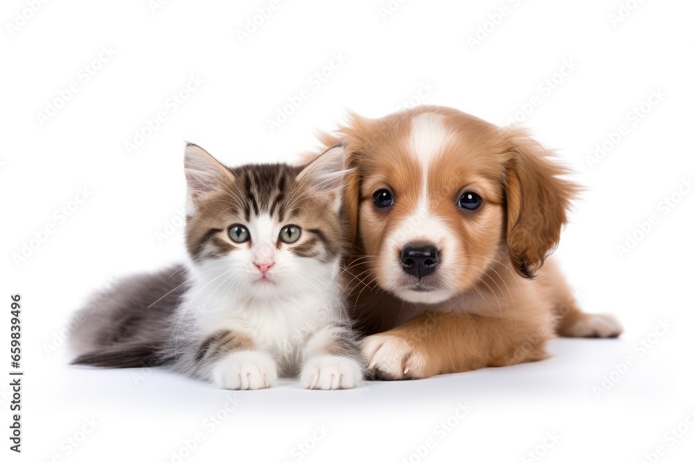 Kitten and dog together isolated on white background.  Ai generative