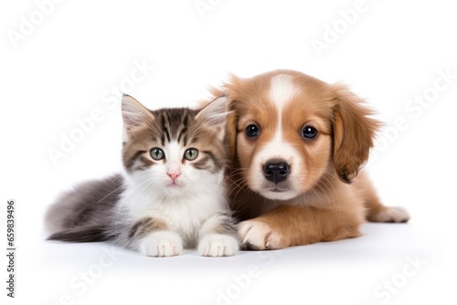Kitten and dog together isolated on white background. Ai generative