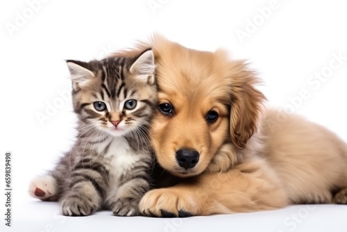 Cute little kitten and golden retriever puppy isolated on white background. Ai generative