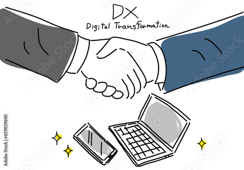 DX推進のため握手するスーツの手シンプル線画