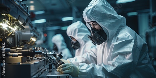 A man in a protective suit working on a machine. Workers in protective wear in industrial manufacturing cleanroom environment. photo