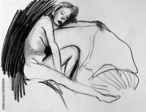 Disegno di una donna triste sdraiata sul letto mentre pensa, carboncino nero su carta bianca, disegno dal vero. photo