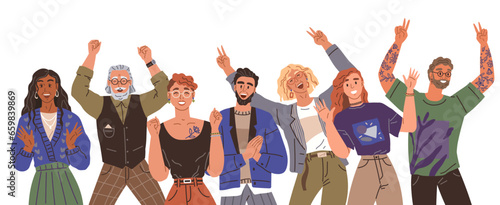 Happy people concept. Vector illustration Celebrating people commemorate achievements with joy Happy crowd dances in unison at concert Happy people bring warmth holiday celebrations Men and women