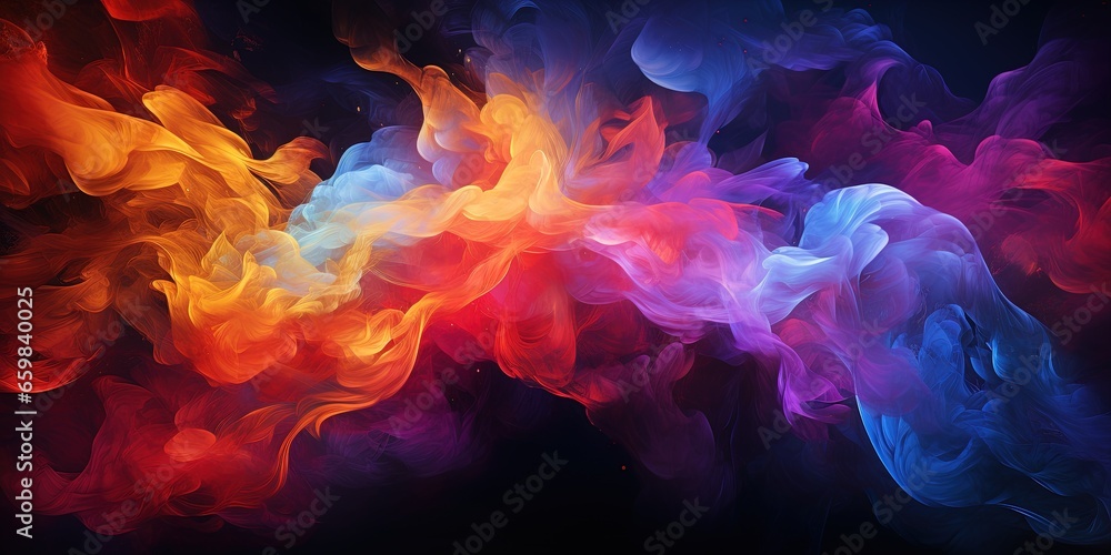 An abstract painting of colorful smoke on a black background with a black background