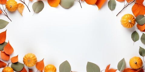Autumn fall thanksgiving holiday greeting card - Frame made of eucalyptus leaves and pumpkins, modern, minimalism, isolated on white table background, top view