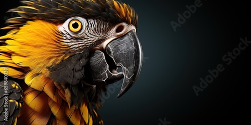Animals birds banner - Closeup of abstract black gold yellow parrot, isolated on black background