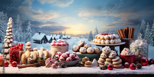 Christmas food bakery baking, xmas celebration holiday greeting card - Closeup of many christmas cookies and decoration ornaments in snow, with snowy blue landscape in the background