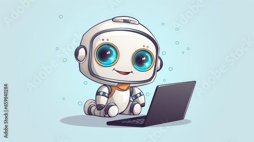 Cartoon cute baby chatbot robot answering quetions on laptop demonstrating children friendly future technology and artificial intelligence development