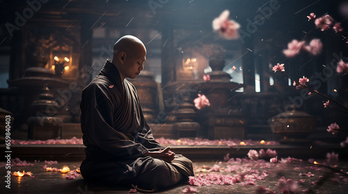 Meditating Monk in Temple