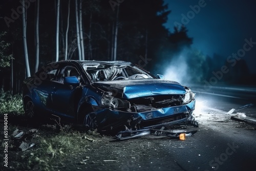 Car accident. A car being torn to pieces on the side of a forest road. The dangers of speeding and drunk driving. Life, liability and property insurance. © Stavros
