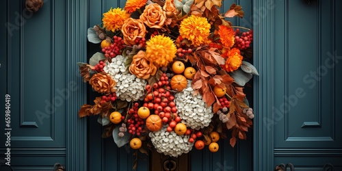 Decorative bright autumn wreath hanging on front door of house door close up. Beautiful Festive decoration for Thanksgiving or Halloween party. Fall season background October, Autumn Fall concept © Svitlana