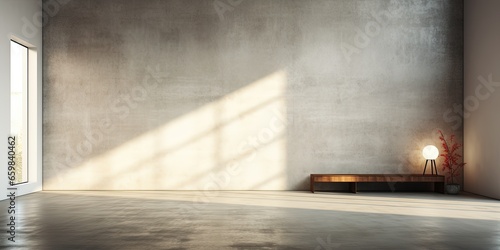 Empty room interior with concrete walls, grey floor with light and soft skylight from window. Background with copy - space. Table in the corner