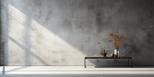 Empty room interior with concrete walls, grey floor with light and soft skylight from window. Background with copy - space. Table in the corner