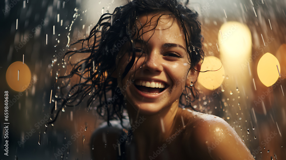 Blurry Joyful Woman Smiling in Rain