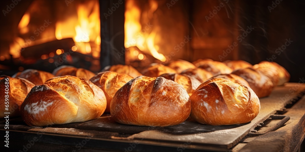 Fresh bread in bakery oven Fresh bread in bakery oven