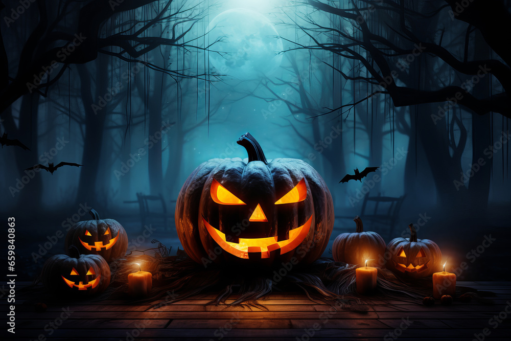 Halloween pumpkin head jack lantern with burning candles, Spooky Forest with a full moon and wooden table, Pumpkins In Graveyard In The Spooky Night - Halloween Backdrop, dark style, blue style Halloween pumpkin head jack lantern with burning candles, Spooky Forest with a full moon and wooden table, Pumpkins In Graveyard In The Spooky Night - Halloween Backdrop, dark style, blue style