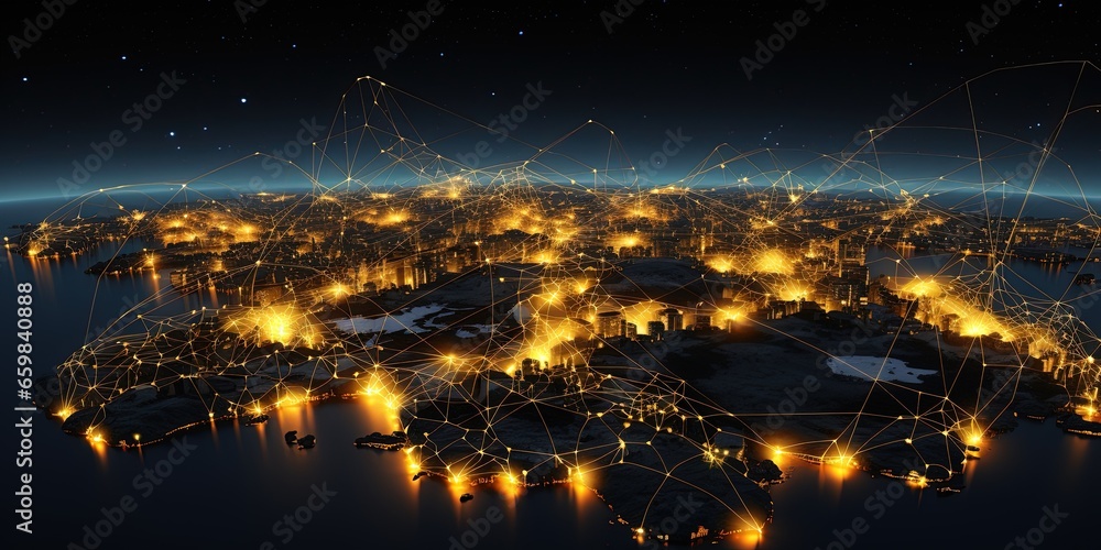Illustration of glowing planet with yellow network connecting cities on black background