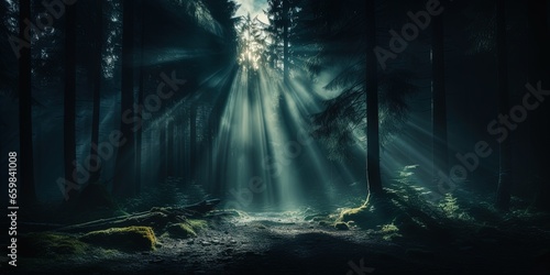 Mist fog magic dark forest. WIth sun ray going through trees. Adventure explore spooky scary mood.