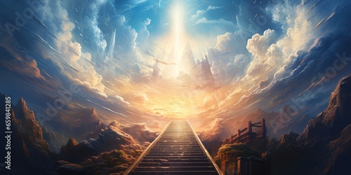 Stairway leading up to heaven toward the cross. Christian illustration.
