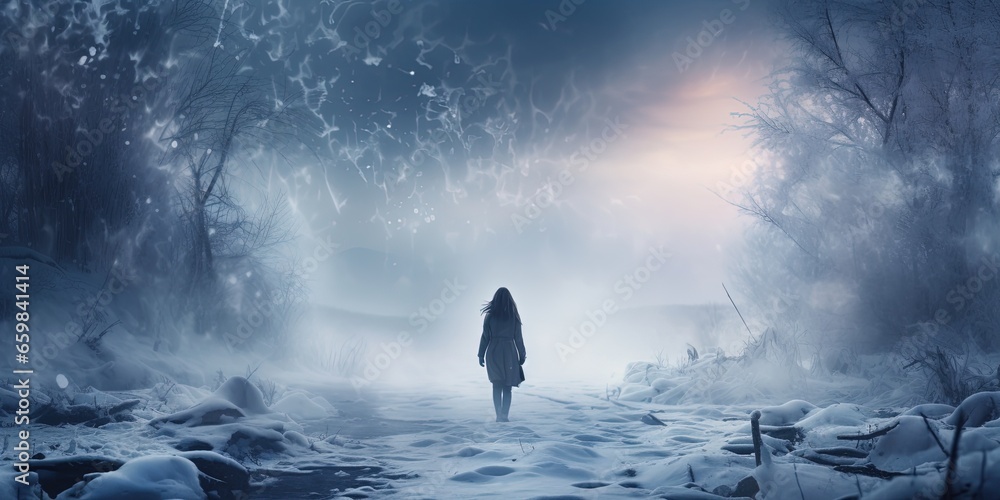 Young woman standing in misty nature gazing into the distance lost in thought Back view Fresh footprints in deep snow Chilly winter day - obrazy, fototapety, plakaty 