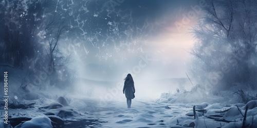 Young woman standing in misty nature gazing into the distance lost in thought Back view Fresh footprints in deep snow Chilly winter day photo