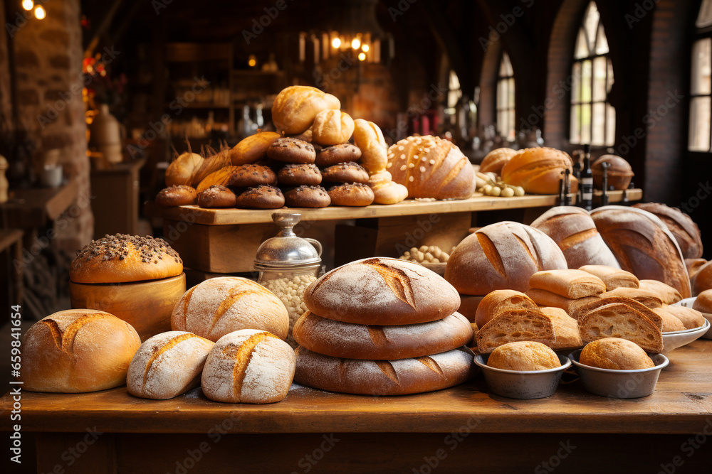 Variety of whole grain bread and buns, bakery with fresh baked pastry assortment