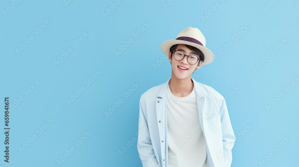 Young handsome asian man wearing hat smiling happy looking at camera. Young handsome asian man wearing hat smiling happy looking at camera.