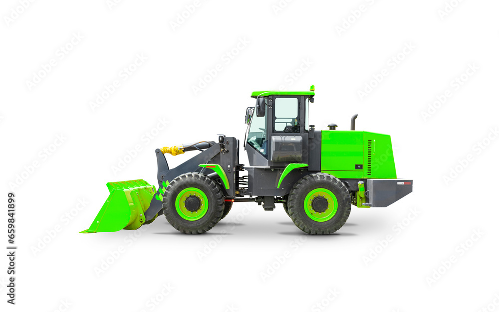 Wheel Loader Isolated on White Background. New Green Front Loader with Shovel. Manufacturing Equipment. Pneumatic Truck. Tractor Front End Loader. Heavy. Side View Industrial Vehicle. Wheel Loader Isolated on White Background. New Green Front Loader with Shovel. Manufacturing Equipment. Pneumatic Truck. Tractor Front End Loader. Heavy. Side View Industrial Vehicle.