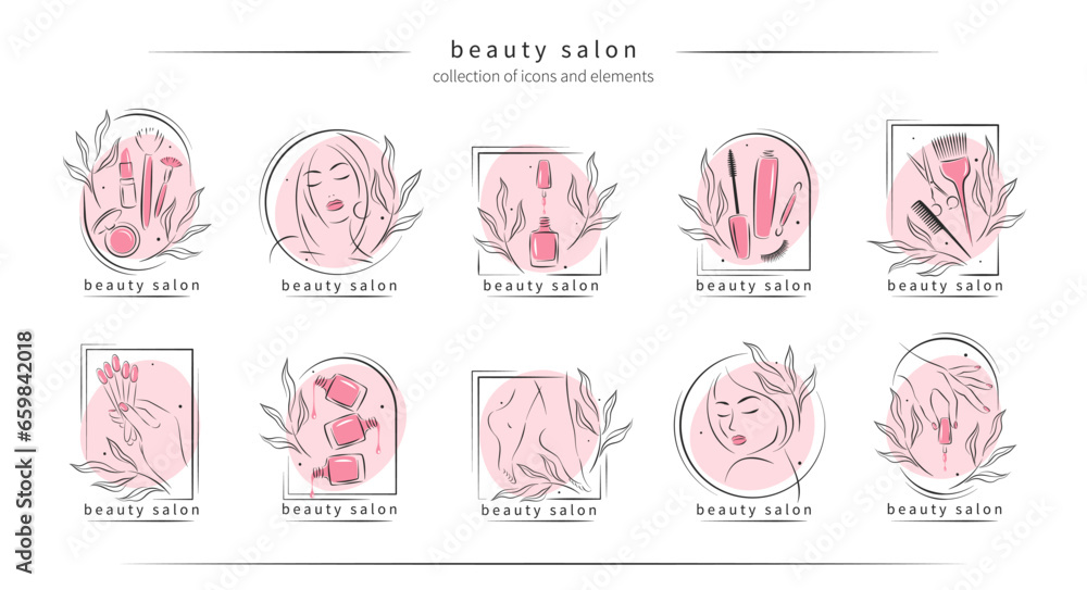 Big set of elements and logos for beauty salon. Nail polish, manicured female hands and legs, beautiful woman face, lipstick, eyelash extension, makeup, hairdressing. Vector illustrations Big set of elements and logos for beauty salon. Nail polish, manicured female hands and legs, beautiful woman face, lipstick, eyelash extension, makeup, hairdressing. Vector illustrations